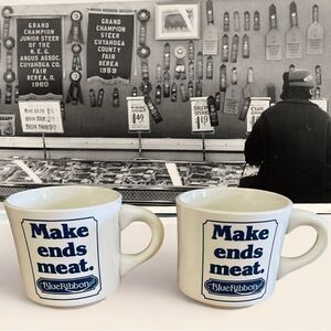 Vintage Blue Ribbon Brand Make Ends Meat Coffee Mug Set of 2